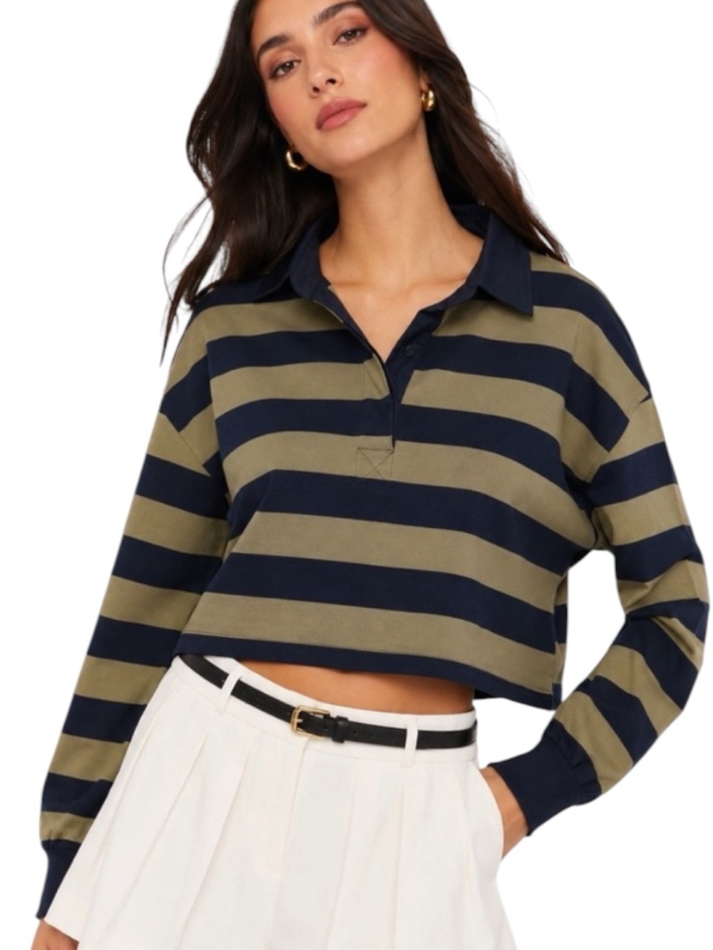NWT Thread & Supply Jackie Navy Blue & Olive Green Striped Crop Rugby Shirt - S